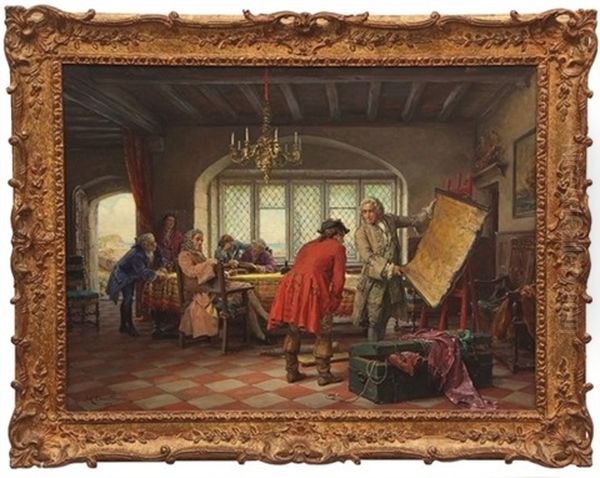 Figures In An Interior Examining An Old Map Oil Painting by Margaret Dovaston