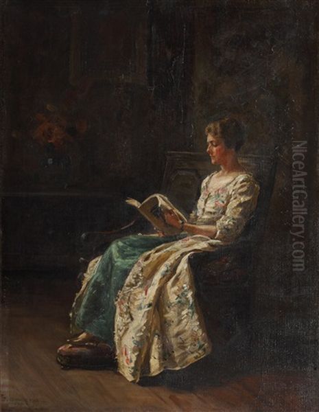 Portrait Of Helen Frances Goodwin, Seated Reading Oil Painting by Margaret Dovaston
