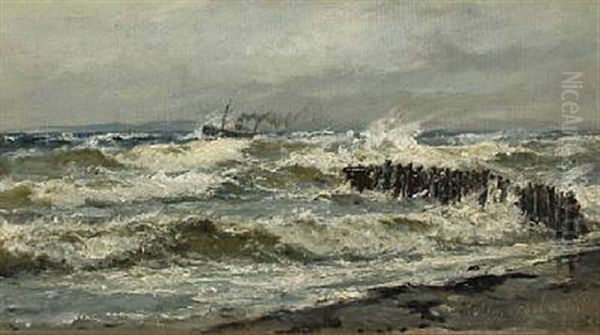 Costal Scenery With Steamer Oil Painting by Holger Henrik Herholdt Drachmann