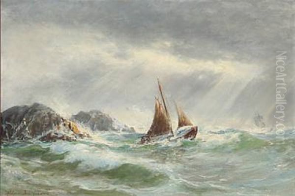 Coastal Scene With Sailing Ships In High Waves Oil Painting by Holger Henrik Herholdt Drachmann