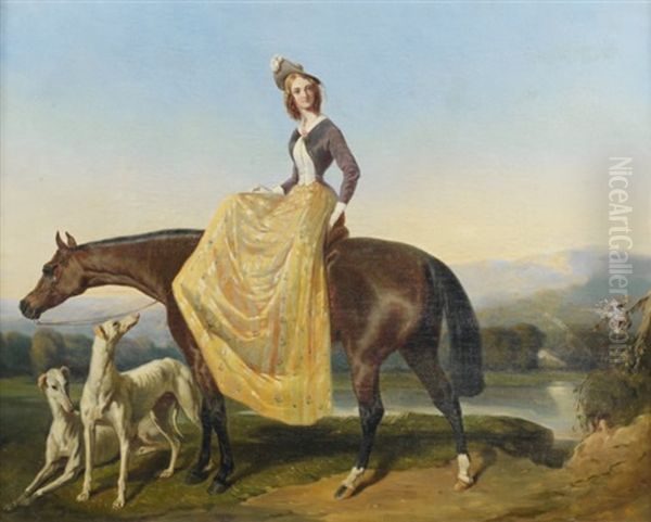 Portrait D'une Jeune Femme En Amazone Et Ses Levriers Oil Painting by Alfred De Dreux