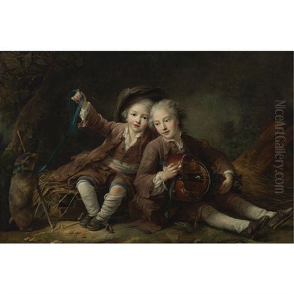 The Children Of The Duc De Bouillon Dressed As Montagnards; One Playing A Hurdy-gurdy, The Other Playing With A Marmot On A Ribbon Oil Painting by Francois Hubert Drouais
