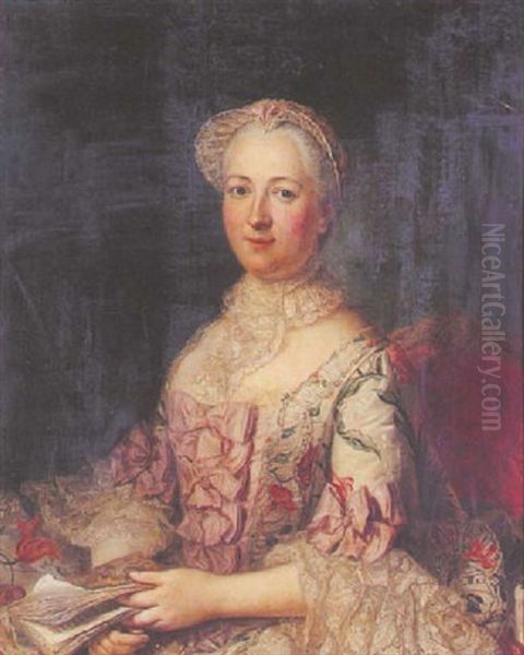Portrait De Femme A La Robe De Dentelle Tenant Un Livre Oil Painting by Francois Hubert Drouais