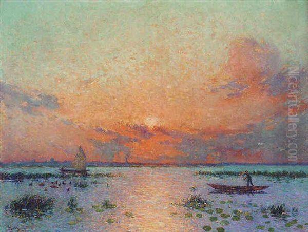 Barques De Peche Au Soleil Couchant Oil Painting by Ferdinand du Puigaudeau