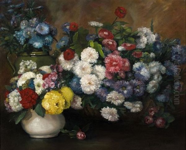Les Trois Vases De Fleurs Oil Painting by Albert Dubois-Pillet
