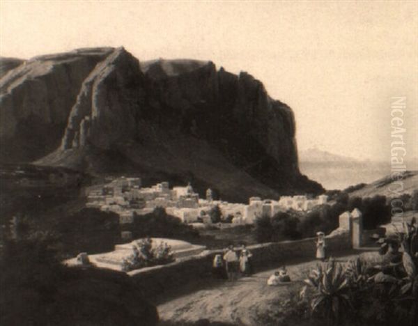 Figures On A Path Near Rome, A Village In The Background Oil Painting by Pierre Louis Dubourcq