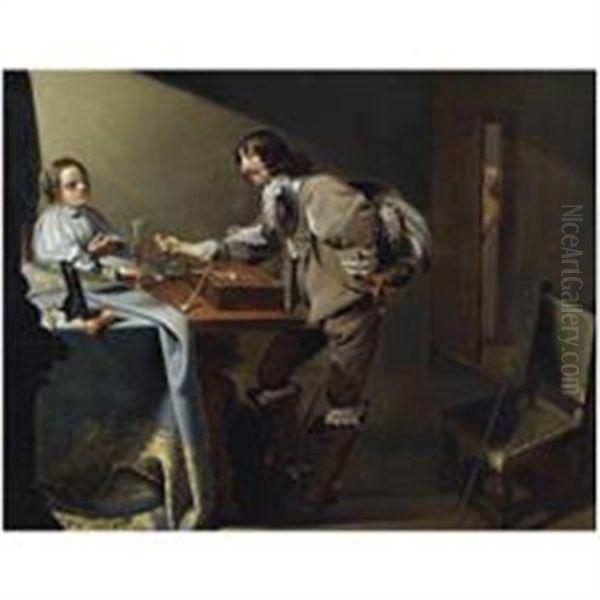 An Interior Scene With A Cavalier Offering A Flower To A Lady, While Making An Obscene Gesture Oil Painting by Jacob Duck