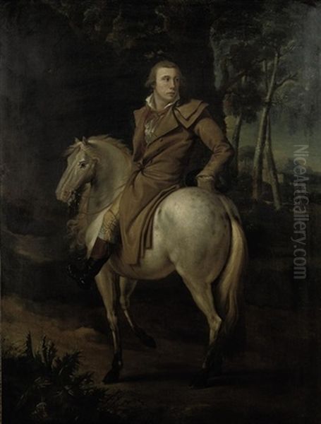 Portrait Of A Young Man On Horseback In A Wooded Landscape Oil Painting by Joseph Francois Ducq