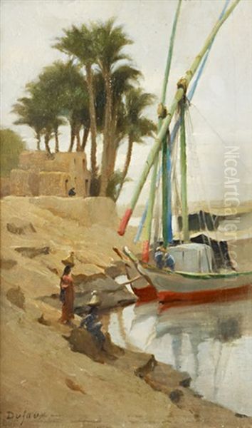 Felouks Et Porteuses D'eau Au Bord Du Nil Oil Painting by Frederic Dufaux