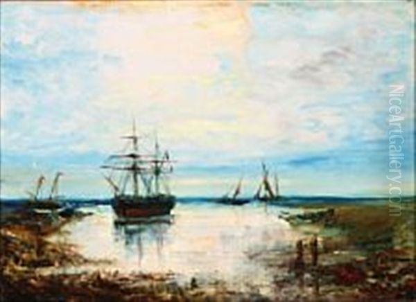 Ships Along The Coast At Night Oil Painting by Edouard-Jacques Dufeu