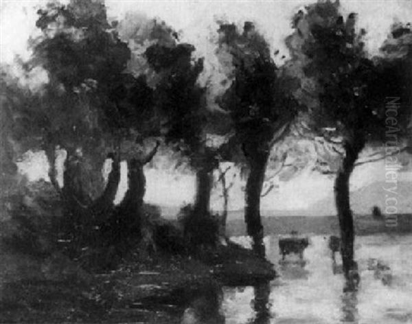Kuhe Im Seichten Wasser Eines Waldweihers Oil Painting by Georges Leon Dufrenoy