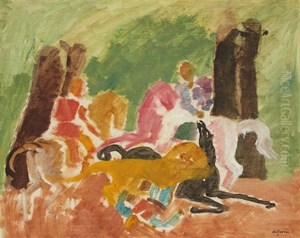 Cavaliers Attaques Par Un Lion Oil Painting by Charles Dufresne