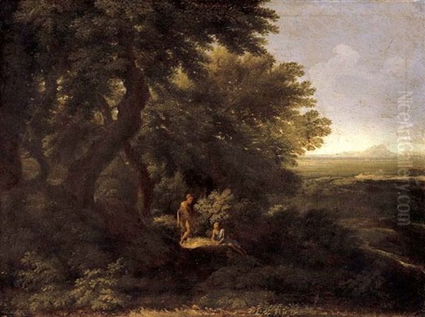 A Wooded Landscape With Two Figures Oil Painting by Gaspard Dughet