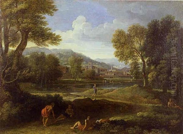 Classical Landscape With Figures And A Lake In The Foreground Oil Painting by Gaspard Dughet