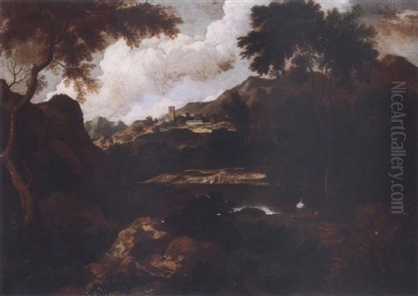 Landscape With Figures By A Lake, A Town On A Hill Beyond Oil Painting by Gaspard Dughet