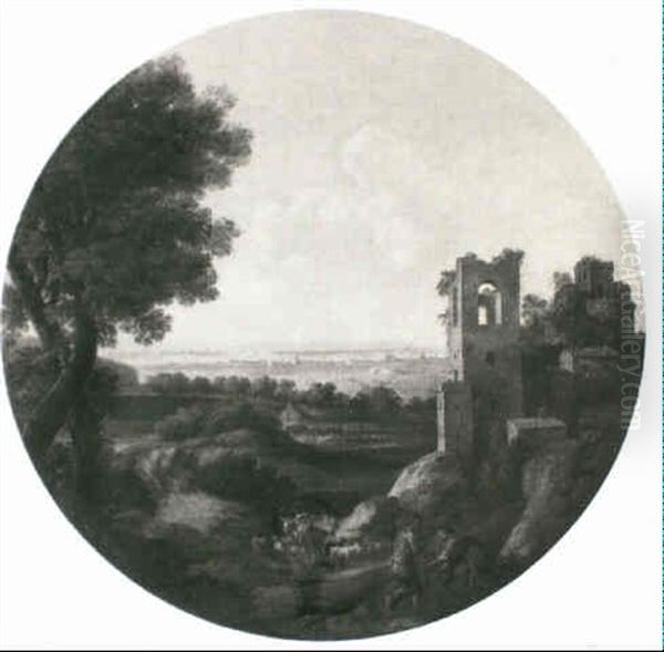 A Classical Landscape With A Herdsman Leading His Livestock Along A Path At The Base Of A Ruined Castle Whilst Two Oil Painting by Gaspard Dughet