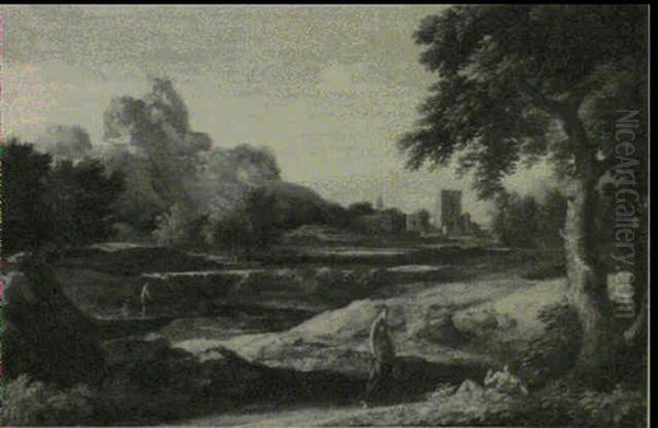 Jeune Femme Rencontrant Un Berger Dans Un Paysage De        Riviere Oil Painting by Gaspard Dughet