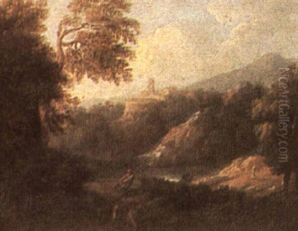 River Landscape With A Shepherd And A Castle Beyond Oil Painting by Gaspard Dughet