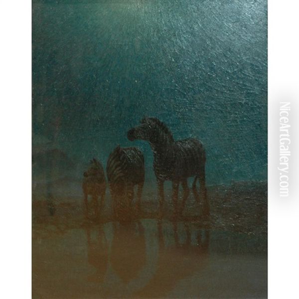 Zebras Grazing-moonlight Oil Painting by Arthur Radclyffe Dugmore