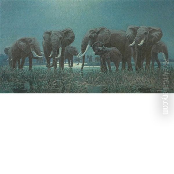 Elephants At The Watering Hole Oil Painting by Arthur Radclyffe Dugmore