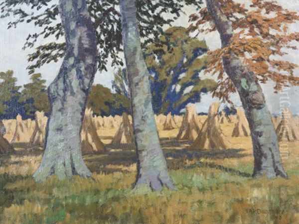 Three Beeches And Haystacks Oil Painting by Arthur Radclyffe Dugmore