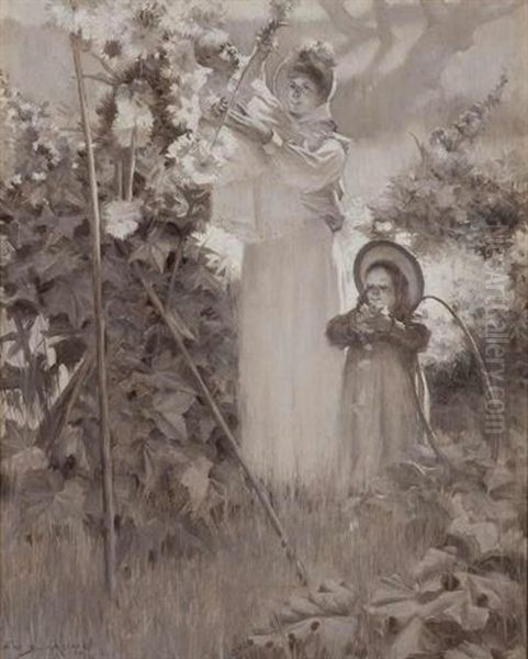Picking Hollyhocks Oil Painting by Frank Vincent Dumond