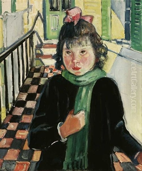 Young Girl With Green Scarf Oil Painting by Helena Adele Dunlap
