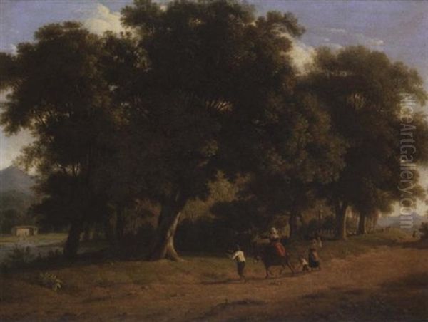 An Italianate Landscape With Figures And Their Donkey On A Road Before A Copse Oil Painting by Alexandre Hyacinthe Dunouy