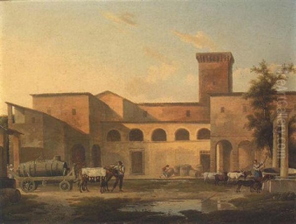 The Courtyard Of A Monastery With A Woman Drawing Water From A Well And A Barrell Loaded On A Wagon Oil Painting by Alexandre Hyacinthe Dunouy