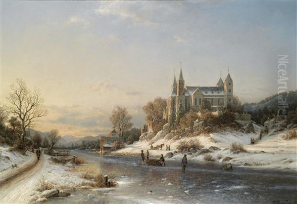 Wintervergnugen, Im Hintergrund Die Abtei Carlstein An Der Lahn Oil Painting by Johannes Bartolomaus Duntze