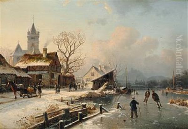 Winter Day Near The Village Church With Ice-skaters On A Frozen River Oil Painting by Johannes Bartholomaeus Duntze