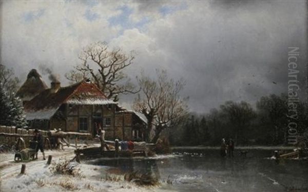 Winter Scene With Figures On A Frozen Lake Oil Painting by Johannes Bartholomaeus Duntze