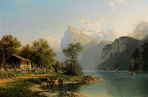 Blick Auf Den Vierwaldstatter See An Einem Prachtvollen Sommertag Oil Painting by Johannes Bartholomaeus Duntze