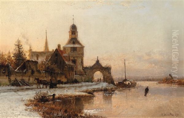 Winterlandschaft Mit Einem Eislaufer Oil Painting by Johannes Bartholomaeus Duntze