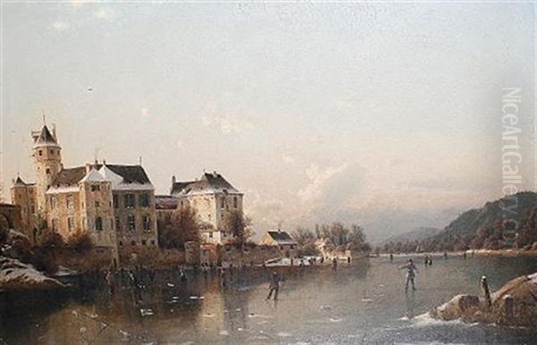 Figures Skating On A Frozen River Oil Painting by Johannes Bartholomaeus Duntze