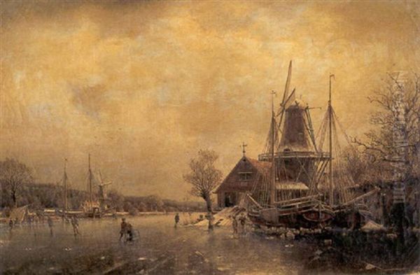 Frozen River Landscape Oil Painting by Johannes Bartolomaus Duntze