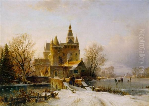 Winterlandschaft Mit Schloss Am See Bei Sonnenuntergang Oil Painting by Johannes Bartholomaeus Duntze