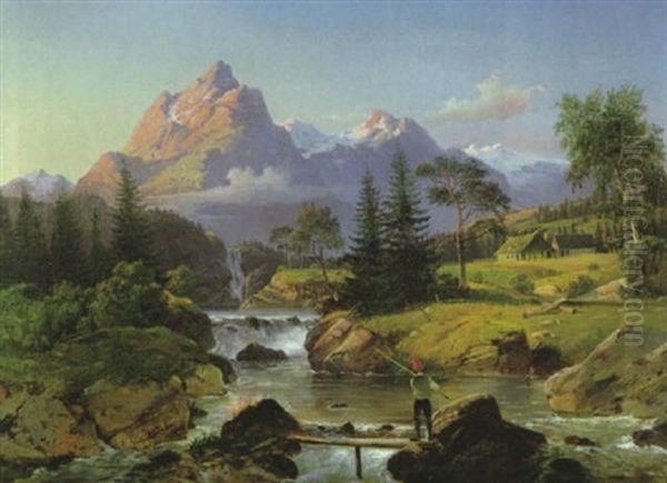 Norwegische Landschaft Mit Angler Bei Romsdalshorn Oil Painting by Johannes Bartholomaeus Duntze