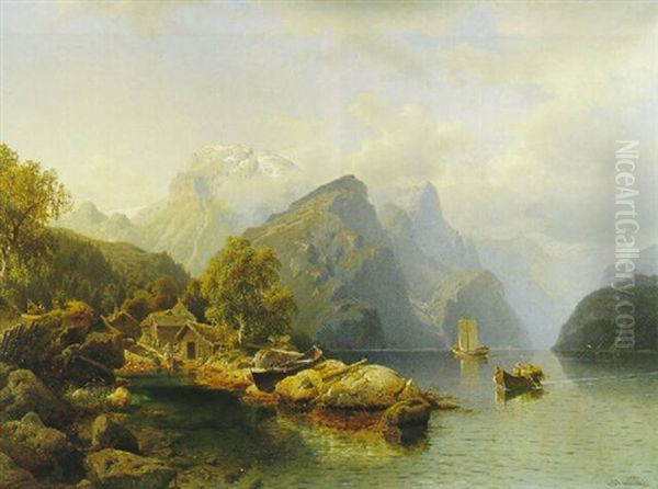 Norwegische Fjord-landschaft Oil Painting by Johannes Bartholomaeus Duntze