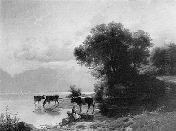 A Peasant Girl And Cows Near A Lake Oil Painting by Johannes Bartholomaeus Duntze