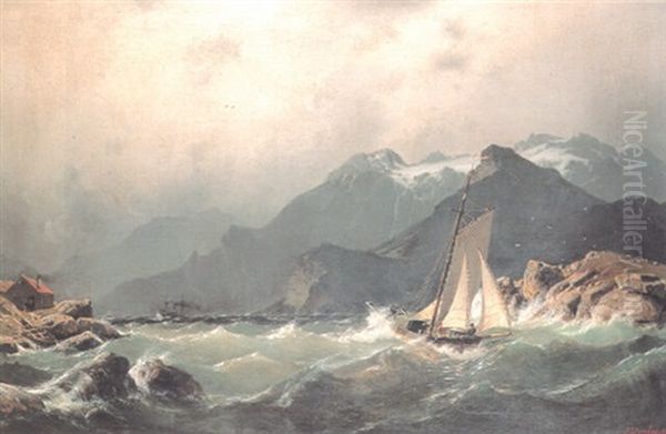 Shipping Off A Coast In Rough Seas Oil Painting by Johannes Bartholomaeus Duntze