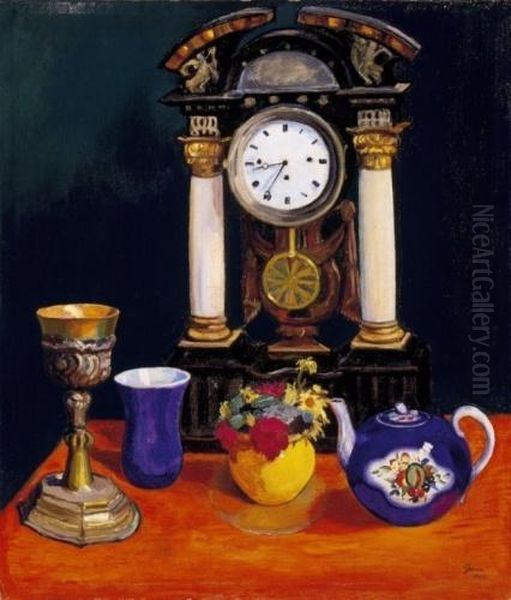 Still Life With A Blue Glass, A Teapot And A Yellow Vase Oil Painting by Karl Arnold