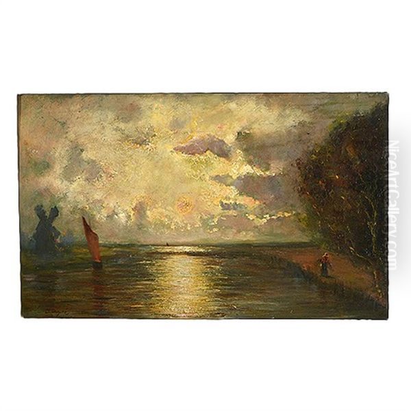 Ship At Sunset Oil Painting by Jules Dupre