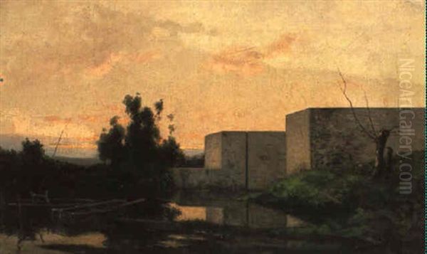 An Der Schleuse Von Optevoz Bei Sonnenuntergang Oil Painting by Jules Dupre