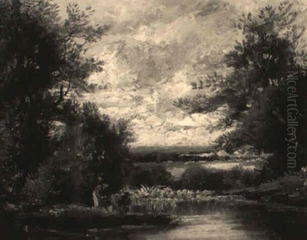 Fishermen On The Banks Of A Small Lake Oil Painting by Jules Dupre