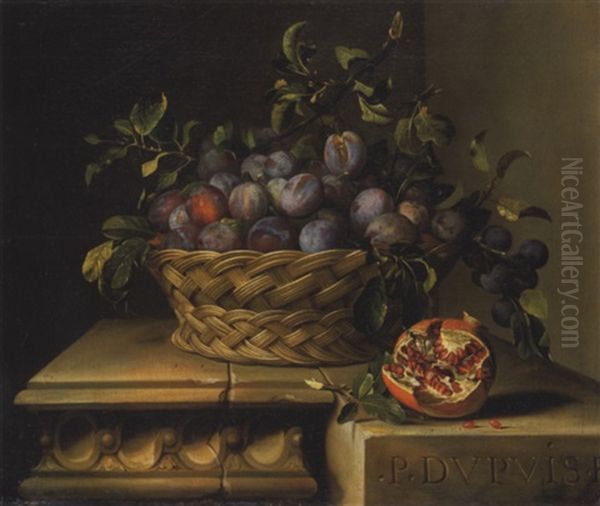 Corbeille De Prunes Et Grenade Sur En Entablement Sculpte Oil Painting by Pierre Dupuis