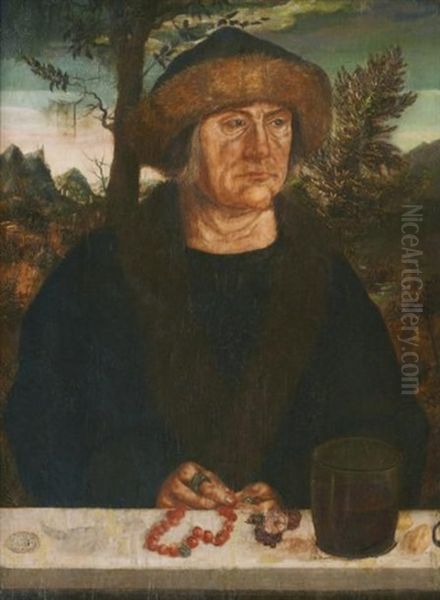 Portrait D'homme Coiffe D'une Toque De Fourrure Il Est Represente Devant Un Paysage Montagneux, Un Collier De Perles De Corail En Main Droite, Montrant Une Bague Ornee D'une Pierre Gravee Oil Painting by Albrecht Durer