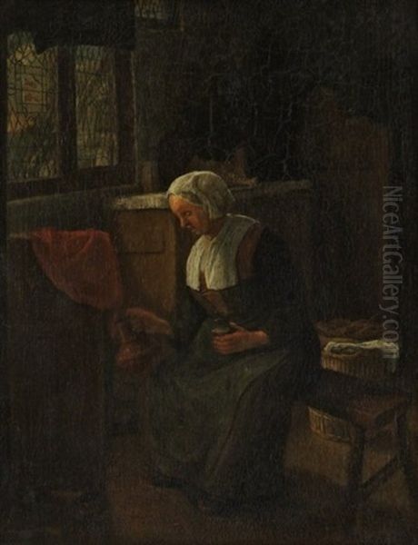 Frau In Interieur Auf Einer Holzbank Vor Einem Waschekorb Oil Painting by Cornelis Dusart