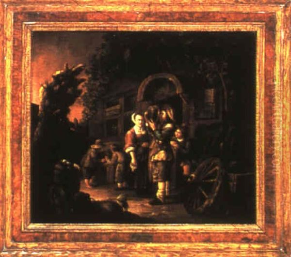Country Folk Outside An Inn Oil Painting by Cornelis Dusart
