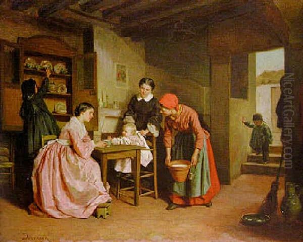 Feeding Baby Oil Painting by Theophile Emmanuel Duverger